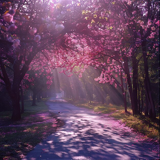 pink cherry trees lining a road vibrant style