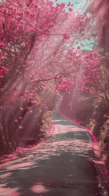 pink cherry trees lining a road vibrant style