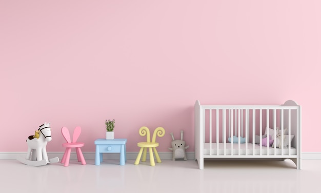 Pink children room interior for mockup, 3D rendering