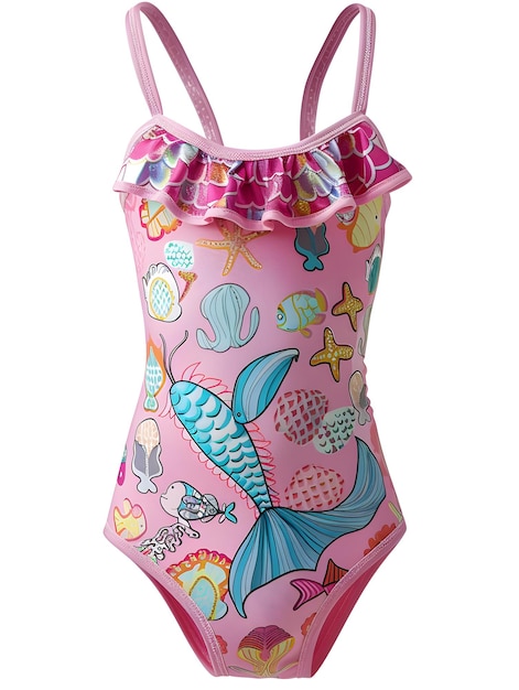 Photo pink childrens swimsuit with mermaid motif