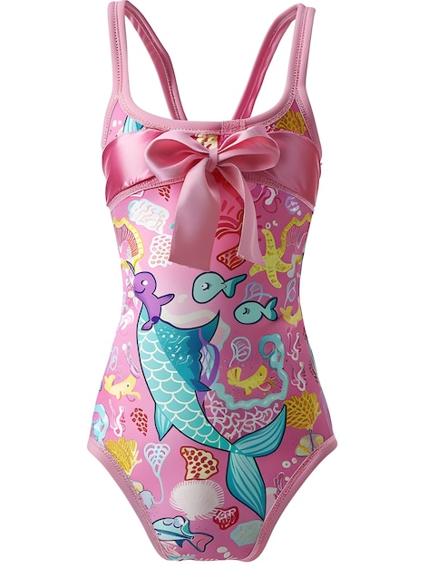 Photo pink childrens swimsuit with mermaid motif