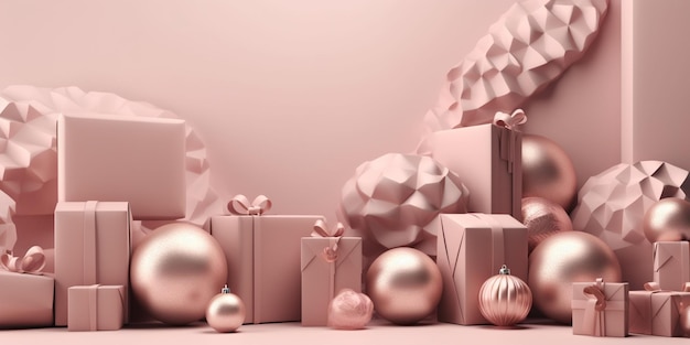 A pink christmas background with a bunch of presents and a christmas tree.