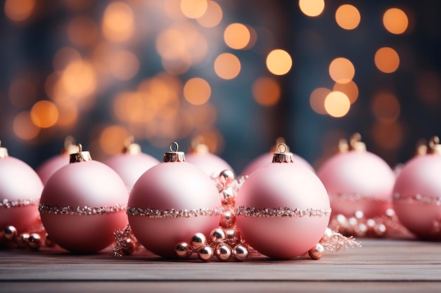 Pink christmas balls on wooden surface Generative AI