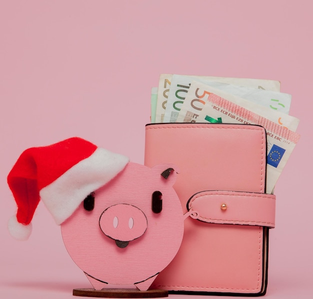 Pink Christmas pig and purse with euro on the pink background