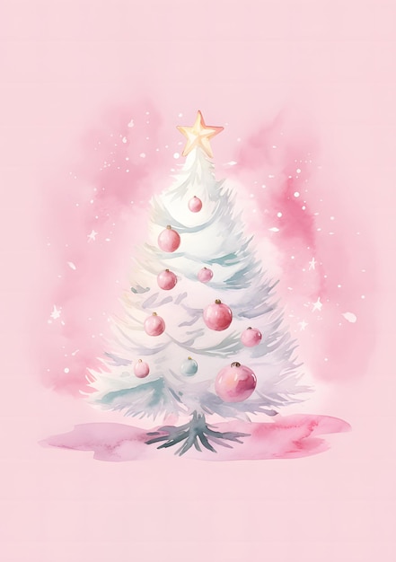 Pink Christmas tree on a pastel pink watercolor background Christmas illustration