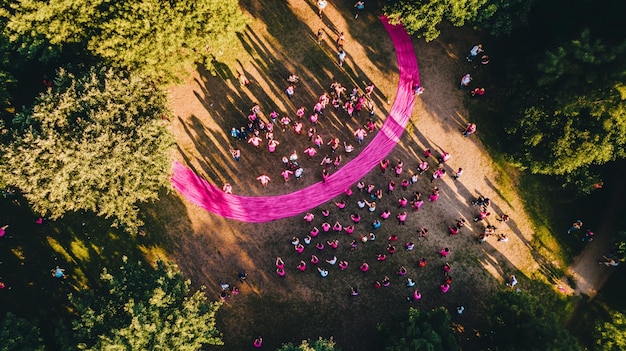 a pink circle is painted on the ground in front of a crowd of people