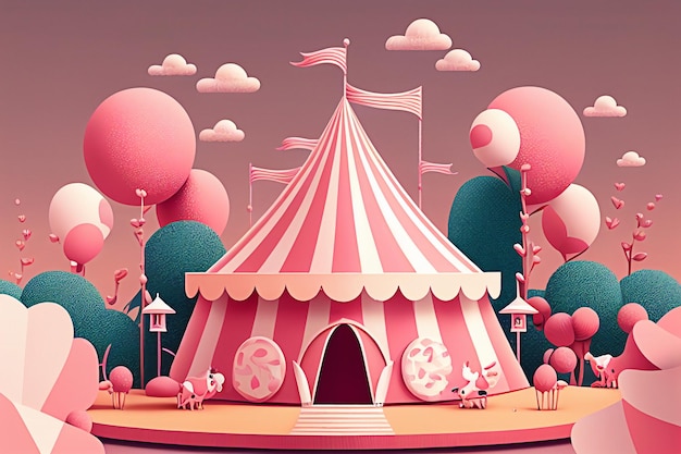 Pink circus tent in cartoon style. AI generative illustration