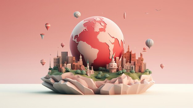 pink city 3d rendered shapes wit globus and clouds ahotair balloon