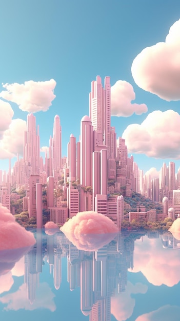 A pink city with a cloud in the sky