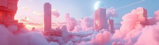 Photo pink cityscape in the clouds at sunset