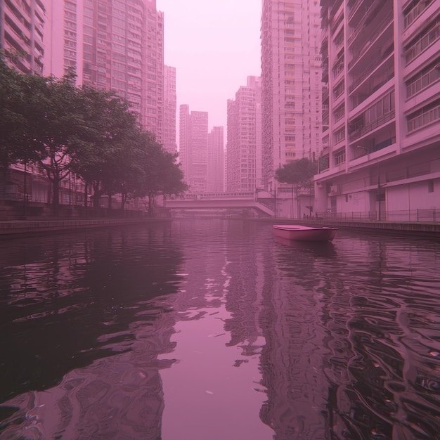 Photo pink cityscape with boat on calm canal