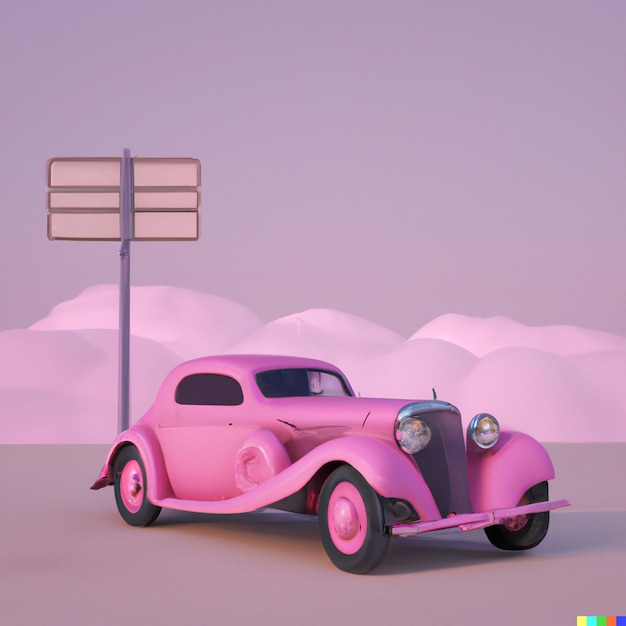 pink classical car in pink world digital art