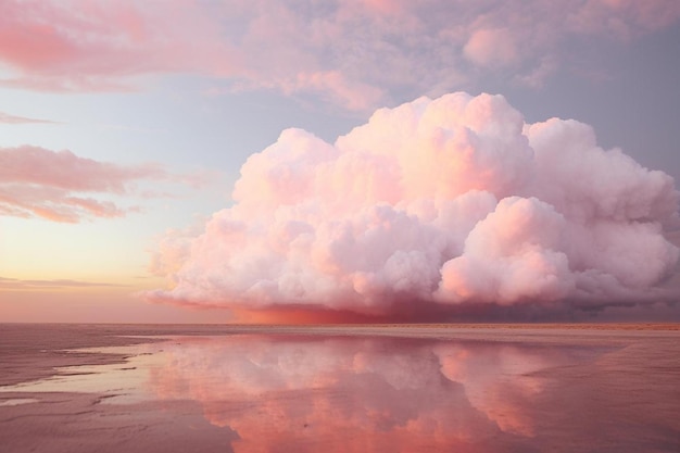 a pink cloud is reflected in the water.