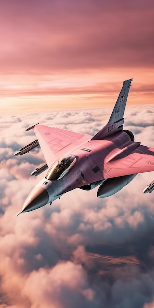 Pink clouds Combat plane is flying Beautiful illustration picture Generative AI