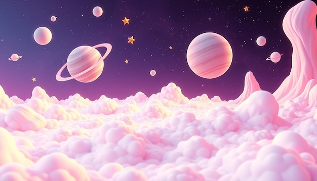 Pink clouds and planets in a purple starry sky