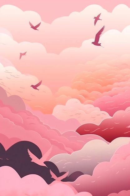 Photo pink clouds with a bird flying above it