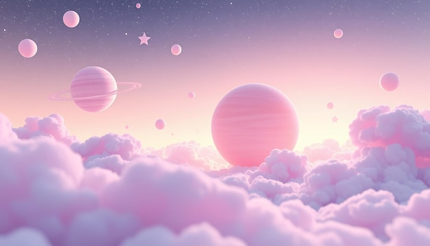 Pink clouds with stars and planets in the sky