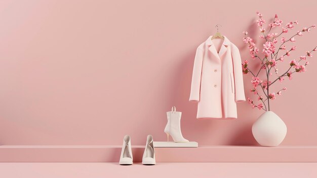 Photo a pink coat hanging on a shelf with a pink wall