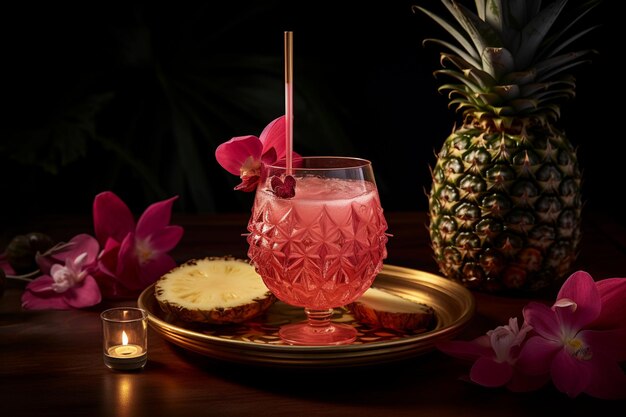 Photo a pink cocktail in a hollowedout pineapple with a paper umbrella