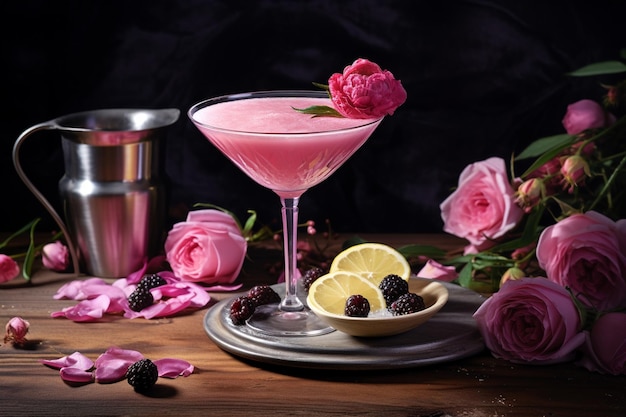 Pink cocktail margarita with rose syrup