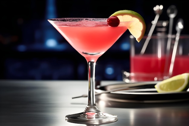 A pink cocktail with a cherry on the rim