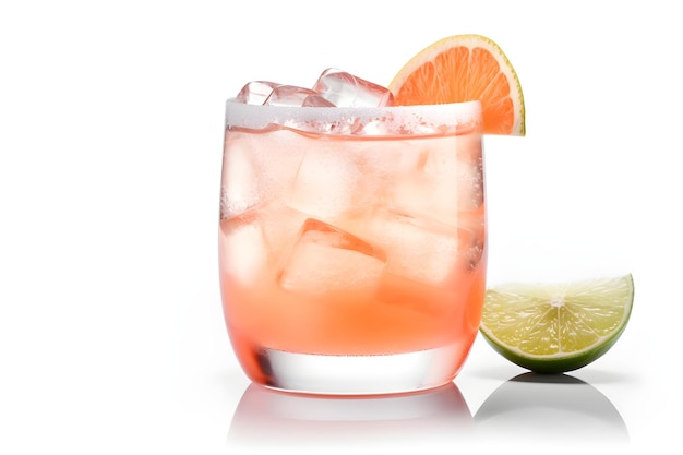 A pink cocktail with a lime wedge on the rim