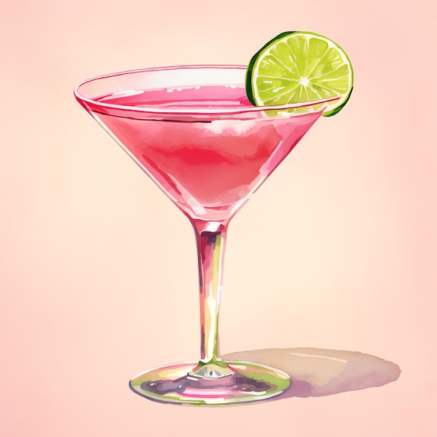 a pink cocktail with a lime wedge on the side