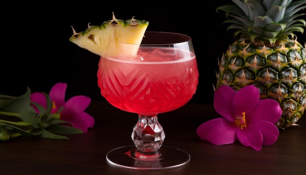 A pink cocktail with a pineapple on top