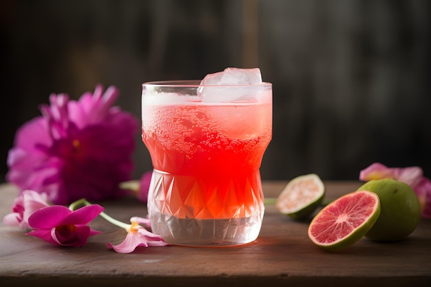 A pink cocktail with a pink drink on a wooden table with flowers around it.