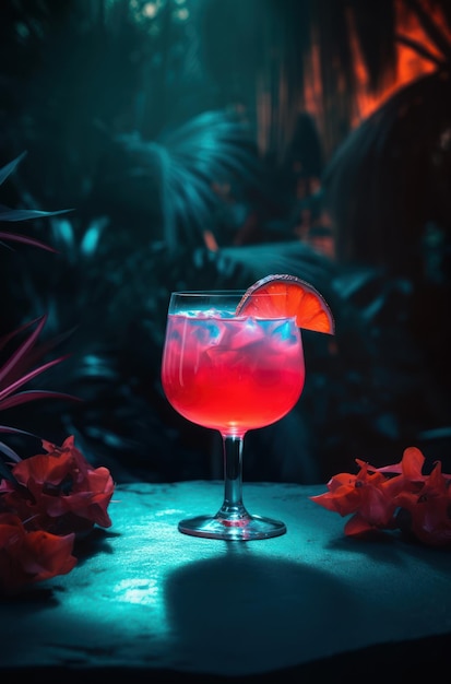 A pink cocktail with a red drink in a glass with a pink drink on a dark background.