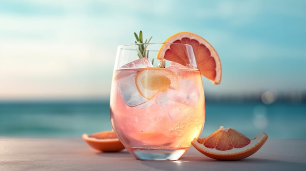 A pink cocktail with a slice of grapefruit on the rim sits on a table next to a blue ocean.