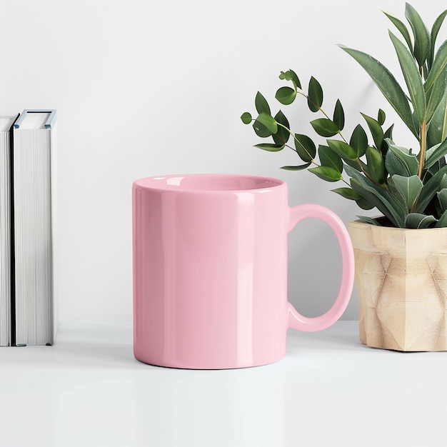 Photo a pink coffee mug sits on a table next to a potted plant