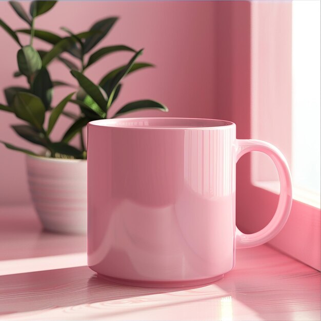 a pink coffee mug sits on a table next to a potted plant