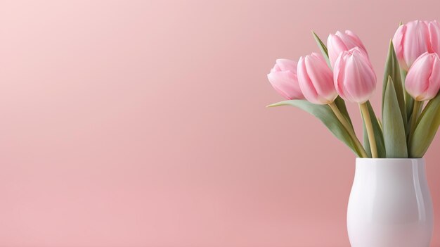 Pink color banner pink tulips in a white vase generative AI