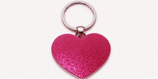 A pink color circle shape small keytar on a white background It has two small pink color hearts T