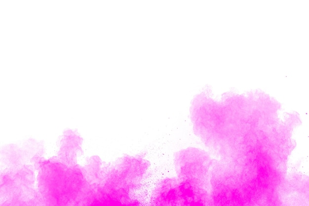 Pink color powder explosion on white background. Launched colorful dust particles splashin