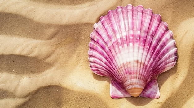 Pink color seashell lying on smooth golden sand