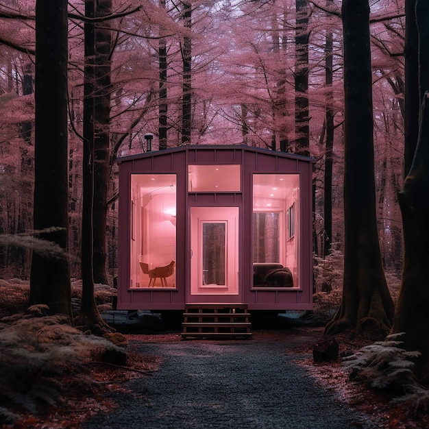 Photo pink color tiny home in forest