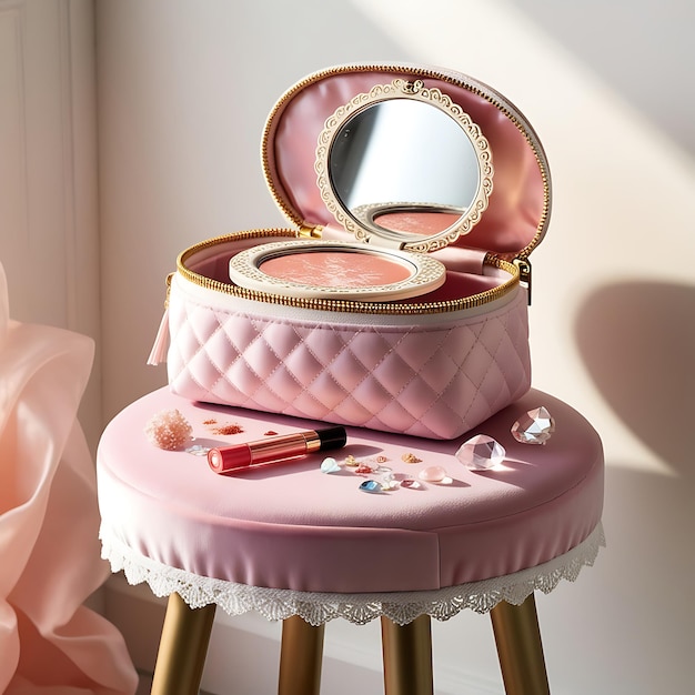 A pink colored girls vanity bag on the table