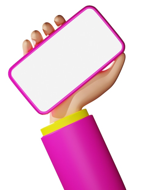 Pink concept 3D rendering cartoon hand holding smartphone device mockup illustration