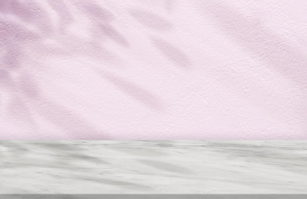 Pink Concrete Wall Texture with Leaves Shadow on Marble floor BackgroundEmpty Cement Studio Room with Marble TopBackdrop background SpringSummer Cosmetic Product DisplayMockup Presentation