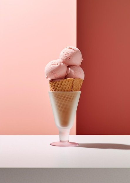 A pink cone with three scoops of ice cream on top of it.