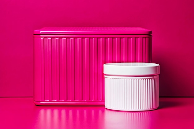 Photo a pink container with a white lid and a white container with a white lid