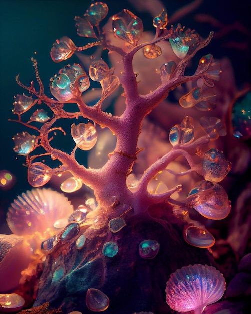 A pink coral with a lot of water drops on it