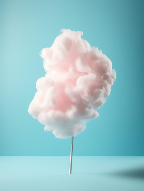 A pink cotton candy on a stick with a blue background