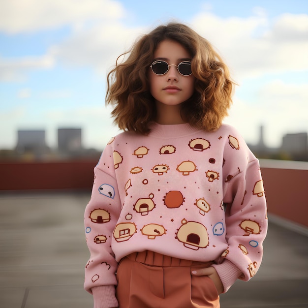 A pink cotton pullover sweater with clouds and rainbows