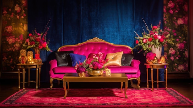 A pink couch and a coffee table with a red couch and a large flower arrangement on it.