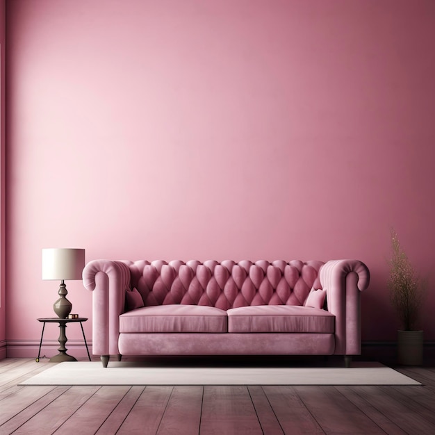 A pink couch in a living room with a lamp on the table