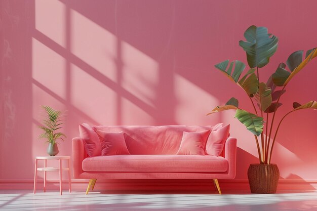 Photo a pink couch and a potted plant are in front of a pink wall