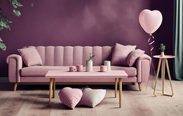 A pink couch sitting on top of a wooden floor,